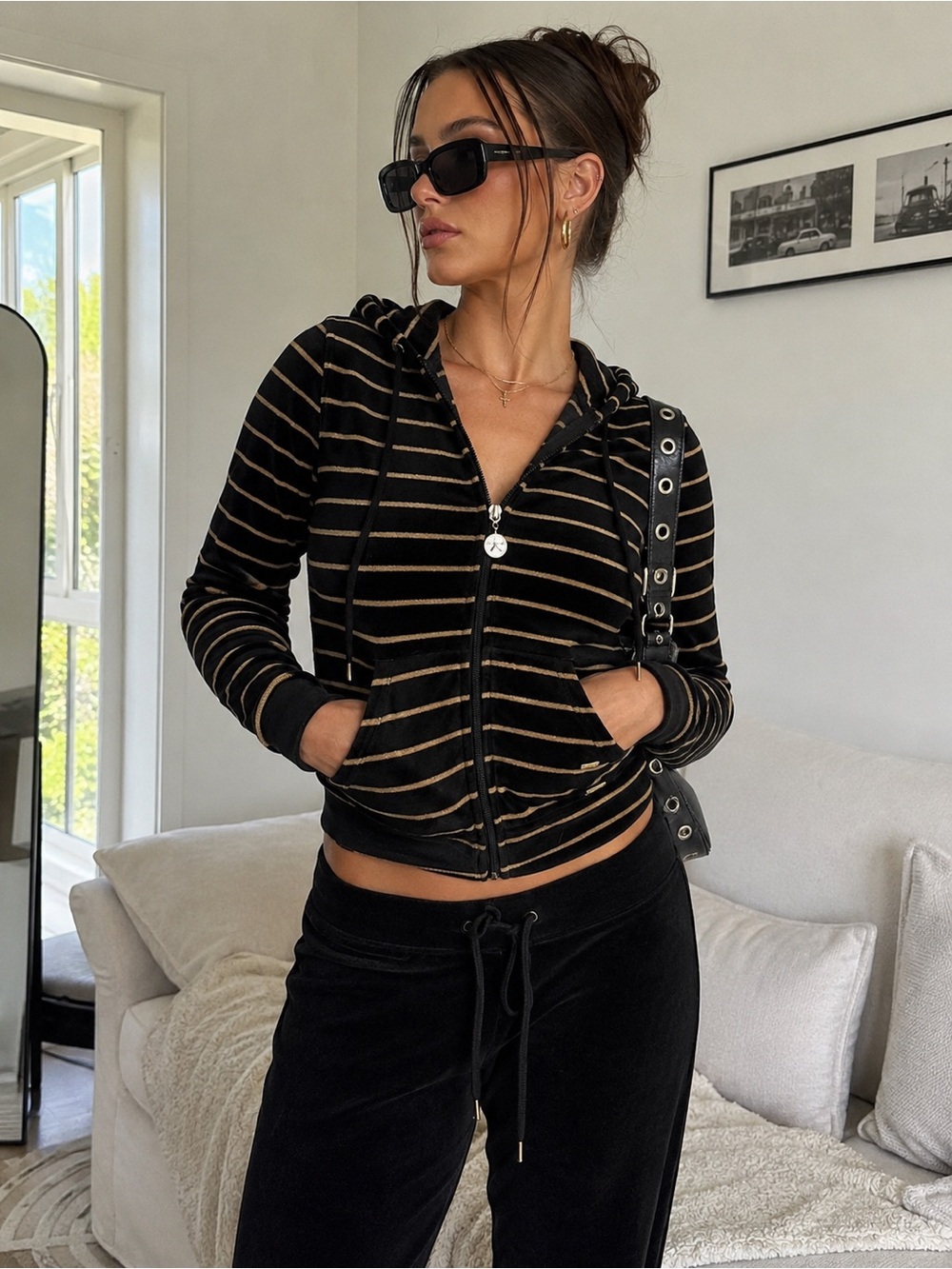 IMNYC Black Gold Striped Velour Zip Up Hoodie Women’s L/G Y2K Glam